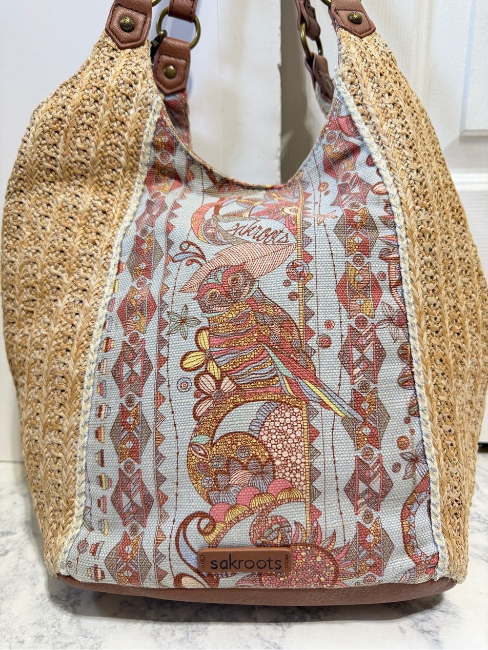 Sakroors Roma Owl straw tote bag and matching wallet phone crossbody set - Picture 6 of 10